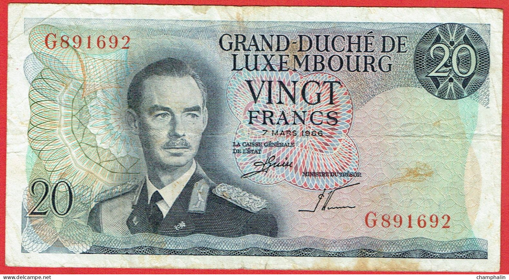 Luxembourg - Billet De 20 Francs - 7 Mars 1966 - Grand-Duc Jean - P54 - Lussemburgo