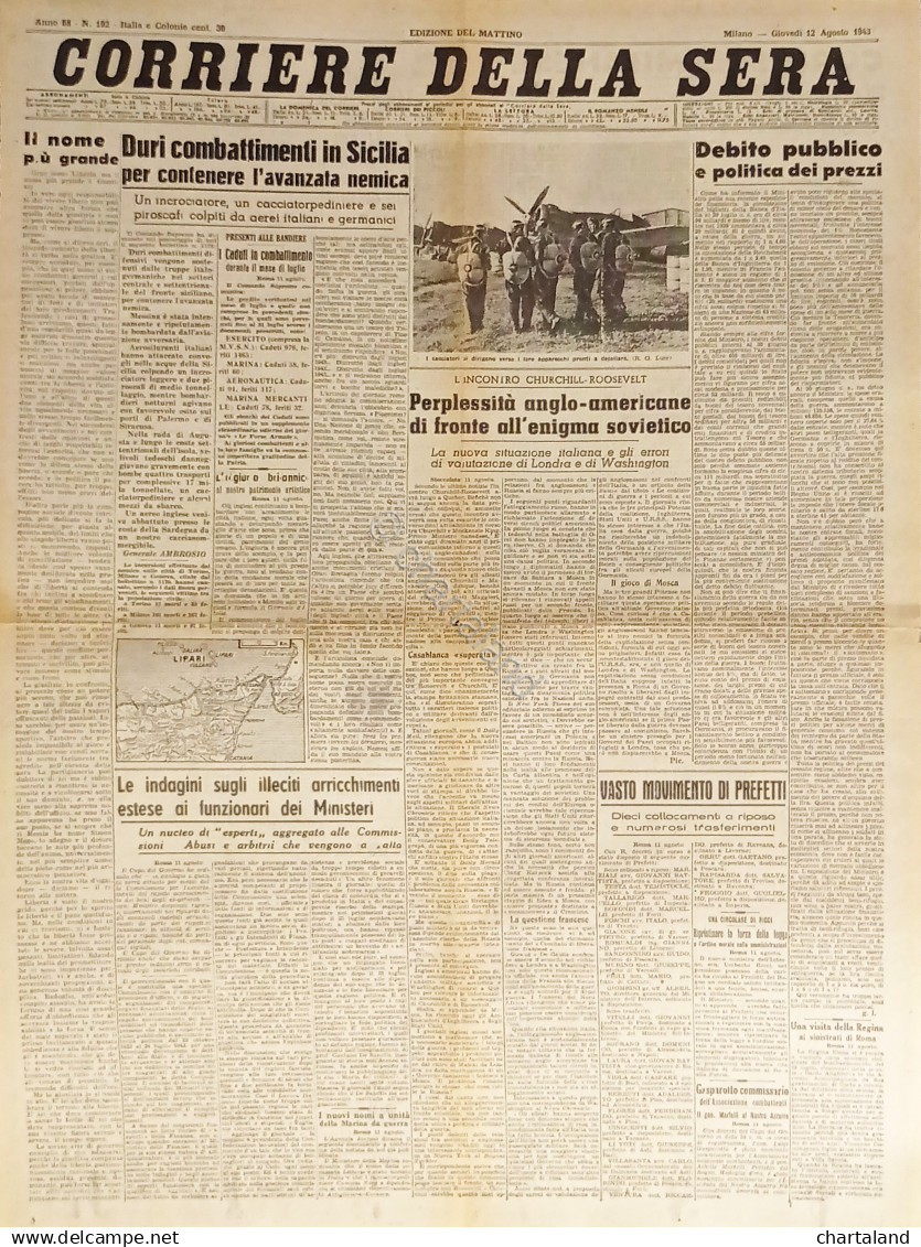 WWII - Corriere Della Sera N. 192 - 1943 Duri Combattimenti In Sicilia - Altri & Non Classificati