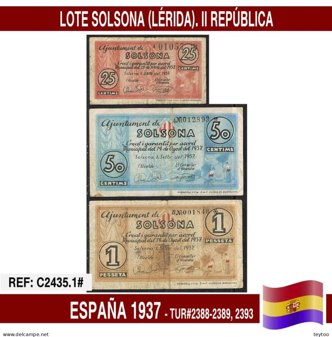 C2435.1# España 1937. Lote Billetes Solsona (Lérida) (F) TUR@2388,2389,2392 - 1-2 Pesetas