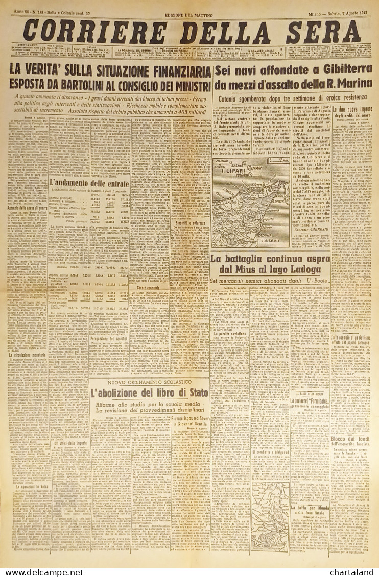 WWII - Corriere Della Sera N. 188 - 1943 Sei Navi Affondate A Gibilterra - Altri & Non Classificati