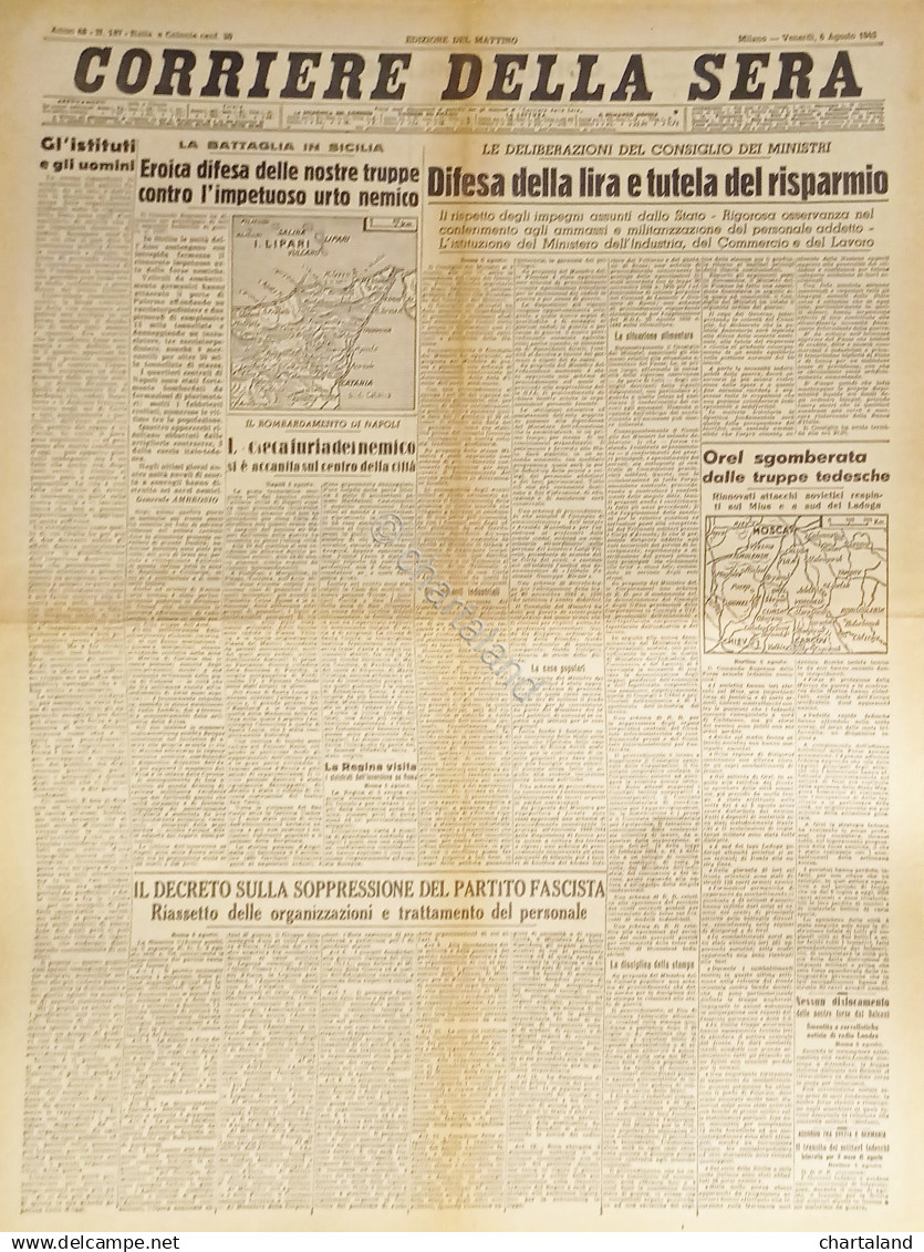 WWII Corriere Della Sera N. 187 - 1943 Difesa Della Lira E Tutela Del Risparmio - Altri & Non Classificati