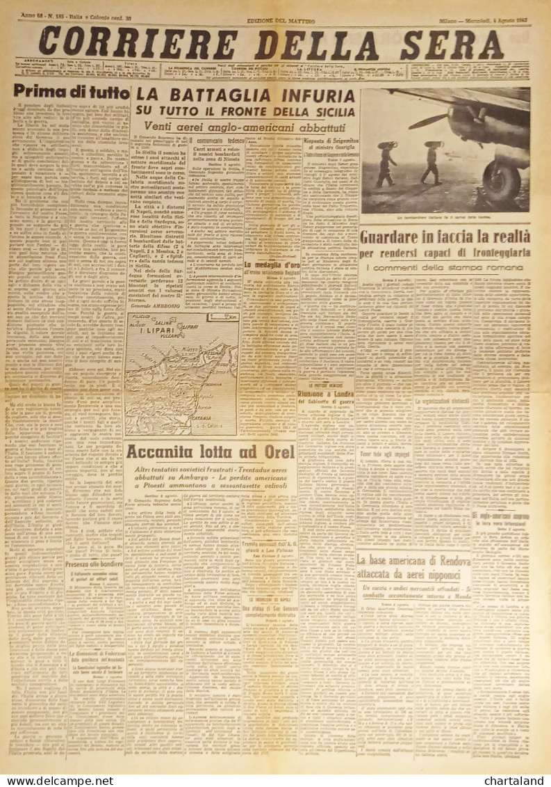 WWII - Corriere Della Sera N. 185 - 1943 La Battaglia Sul Fronte Della Sicilia - Altri & Non Classificati