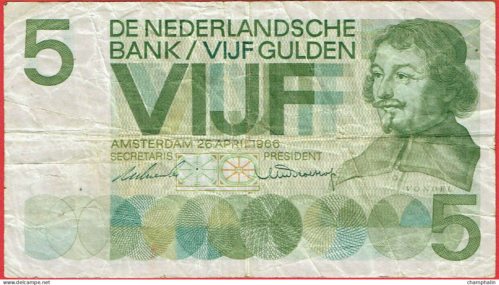 Pays-Bas - Billet De 5 Gulden - Joost Von Den Vondel - 26 Avril 1966 - P90a - 5 Florín Holandés (gulden)