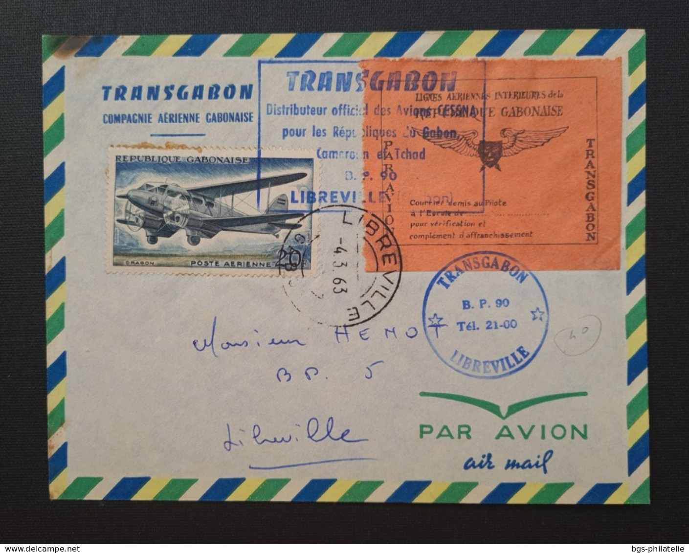 Gabon.Courrier Avec Vignette TRANSGABON (non Signée) ,avec Griffe TRANSGABON Et Timbre PA8 Sur Lettre. - Storia Postale