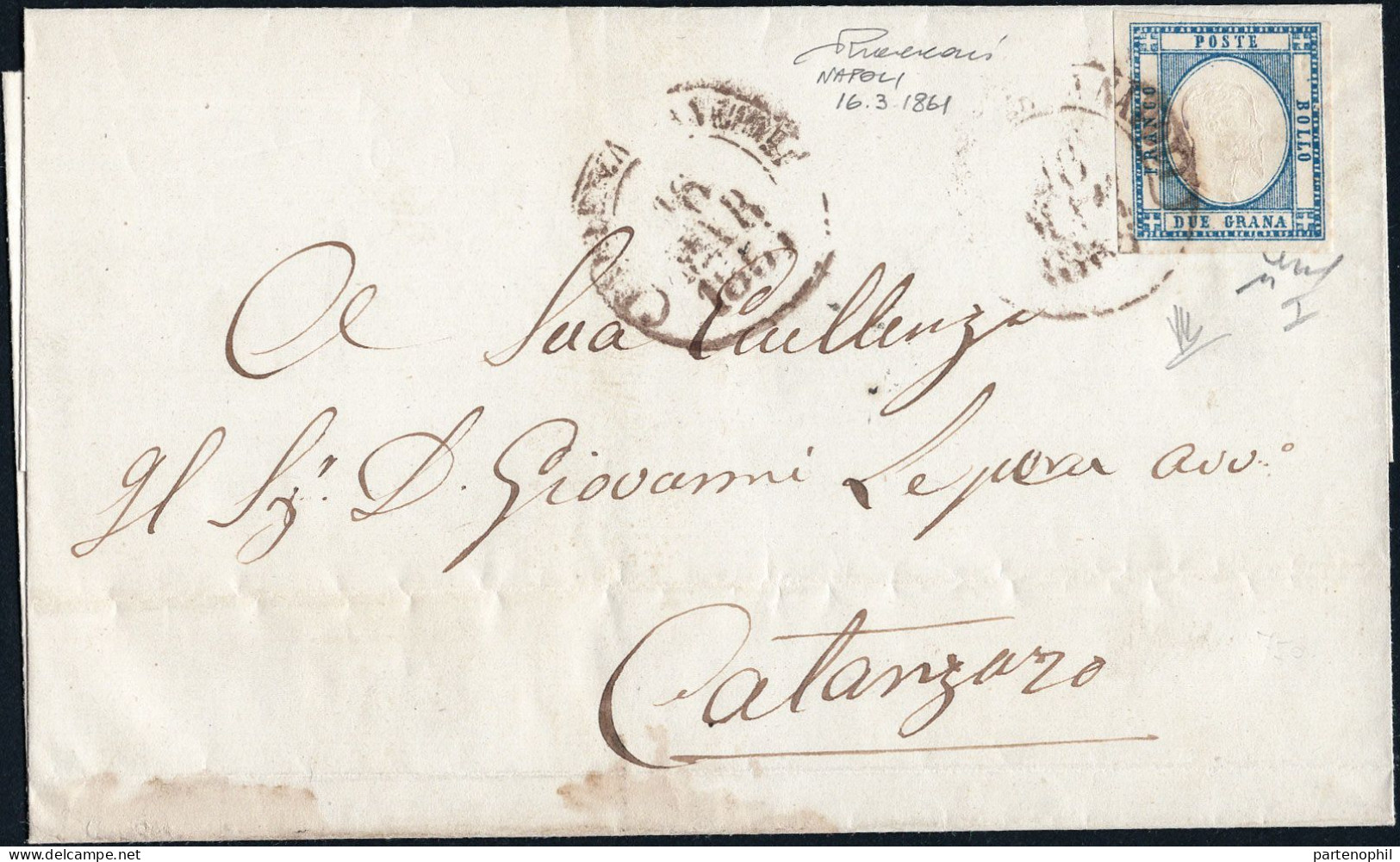 Lotto 10 Province Napoletane - 16/3/1861 - Lettera Da Napoli Per Catanzaro Affrancata Con 2 Gr. Azzurro Chiaro, N. 20, - Napels