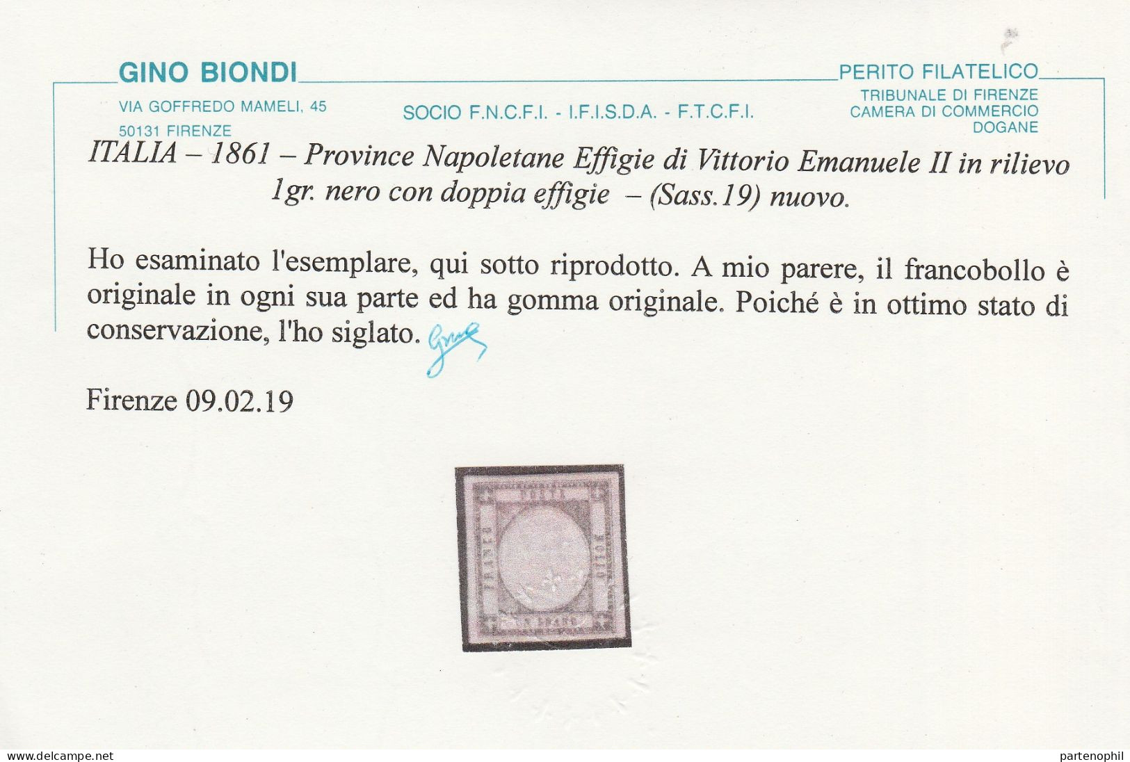 Lotto 12 Province Napoletane  1861 - 1 Gr. Nero Con Doppia Effige N. 19. Cert. Biondi. Cat. € 1000,00. SPL - Napels