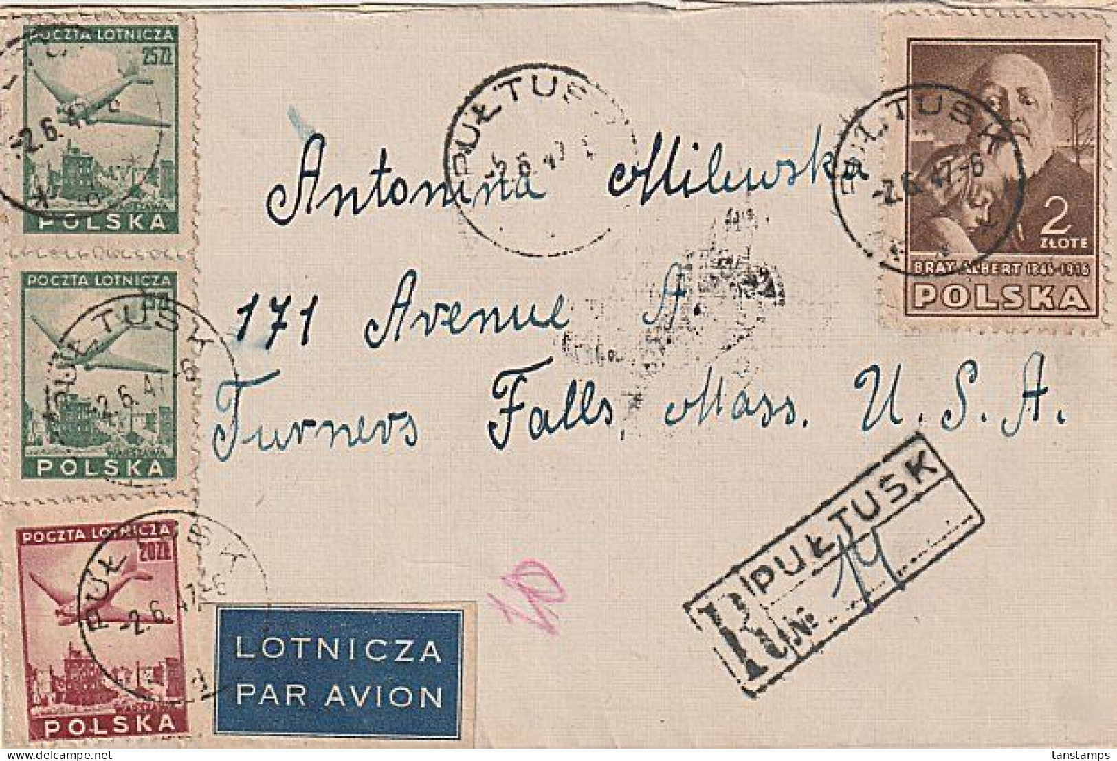 POLAND - USA REGISTERED PULTUSK AIRMAIL COVER - Airplanes