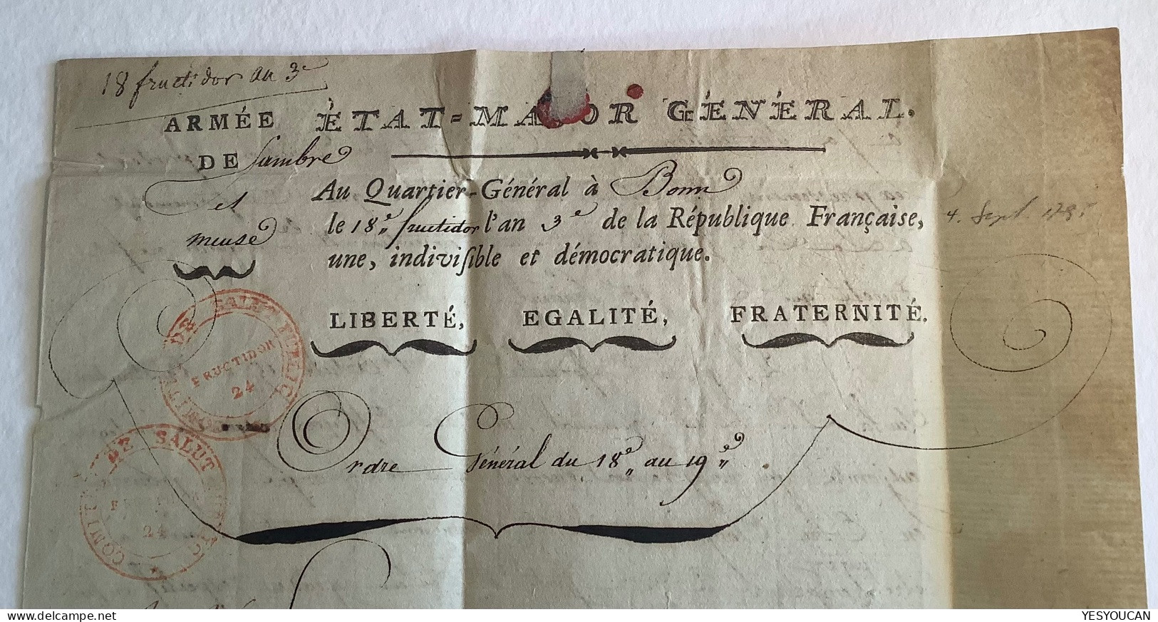 ARMÉE SAMBRE ET MEUSE+ CHARGÉ RR ! Bonn 1795 lettre  (France marque Preussen Feldpost militaire army field post cover