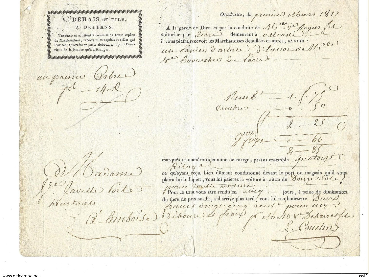 Lettre De Voiture  1817 Transport Paris à Amboise Par Un Voiturier ( Voie De Terre ) D'Orléans  - Timbres Fiscaux - Other & Unclassified