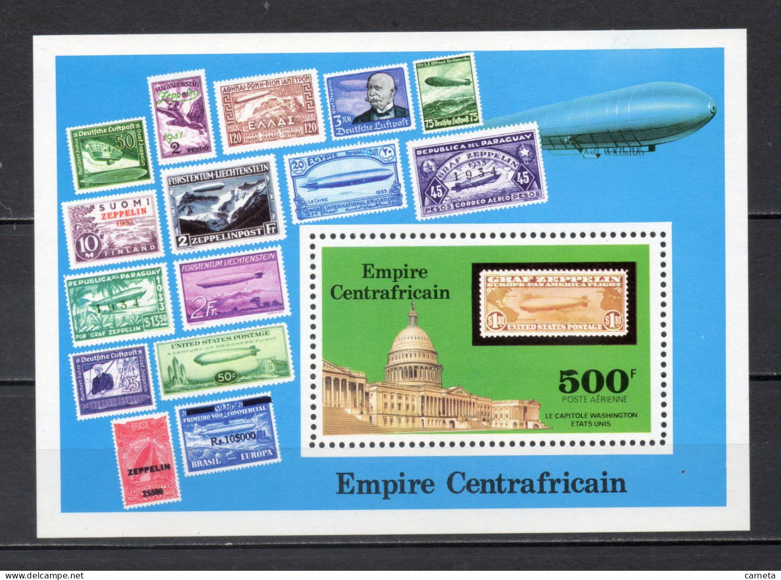 CENTRAFRIQUE BLOC  N° 15   NEUF SANS CHARNIERE COTE 6.50€    TIMBRE SUR TIMBRE ZEPPELIN MONUMENT - Centrafricaine (République)