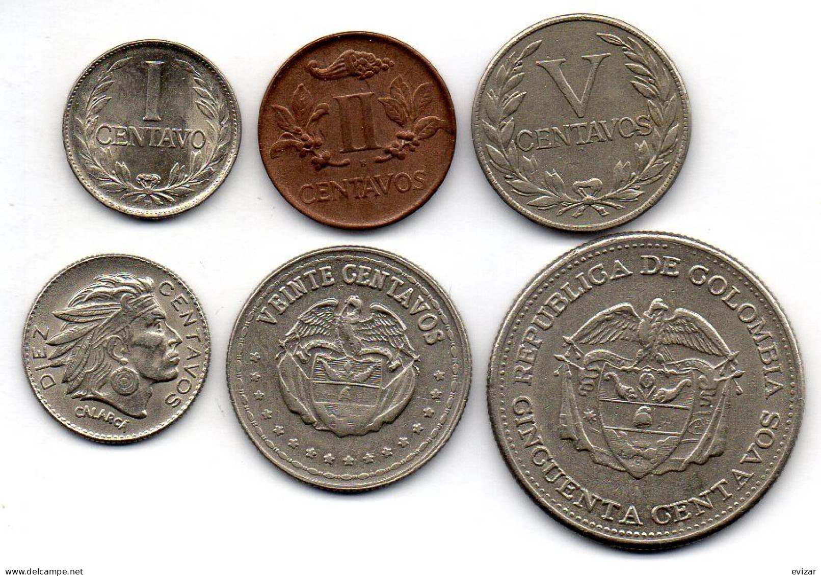 COLOMBIA, Set Of Six 1,2,5,10,20,50 Centavos, Copper-Nickel, Bronze, Year 1946-59, KM #275a, 210, 199, 212.1, 215.1, 217 - Colombia