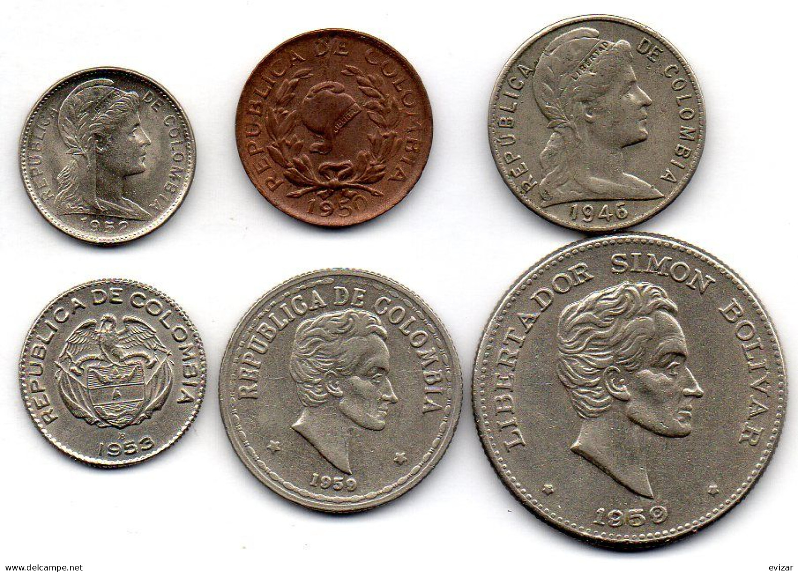 COLOMBIA, Set Of Six 1,2,5,10,20,50 Centavos, Copper-Nickel, Bronze, Year 1946-59, KM #275a, 210, 199, 212.1, 215.1, 217 - Kolumbien