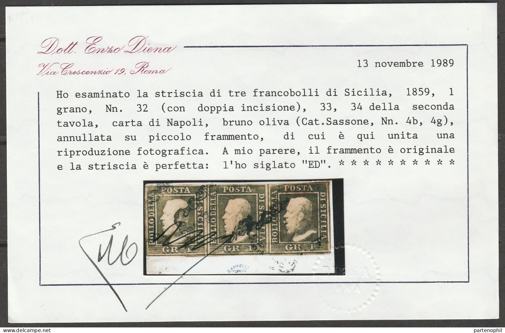 Lotto 24 - Sicilia 1859 - Striscia Di 3 Del 1 Gr. Bruno Oliva Su Frammento N. 4bx2 + 4g, Posizione 32 Con Doppia Incisio - Sicilia