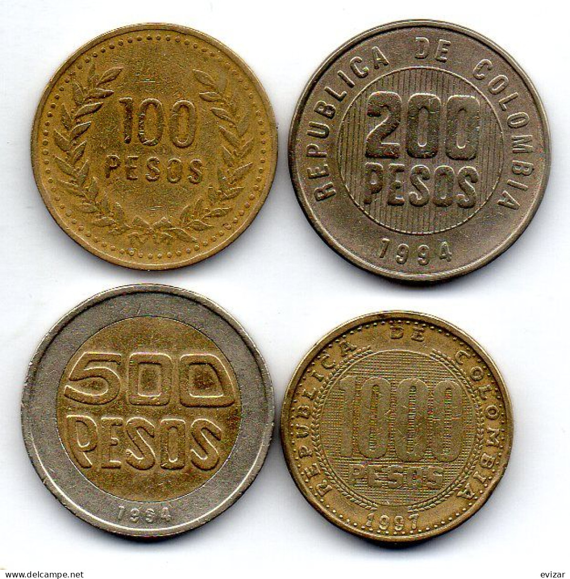 COLOMBIA, Set Of Four Coins 100, 200, 500, 1000 Pesos, Brass, Copper-Nickel, Year 1993-97, KM # 285, 286, 287, 288 - Colombia