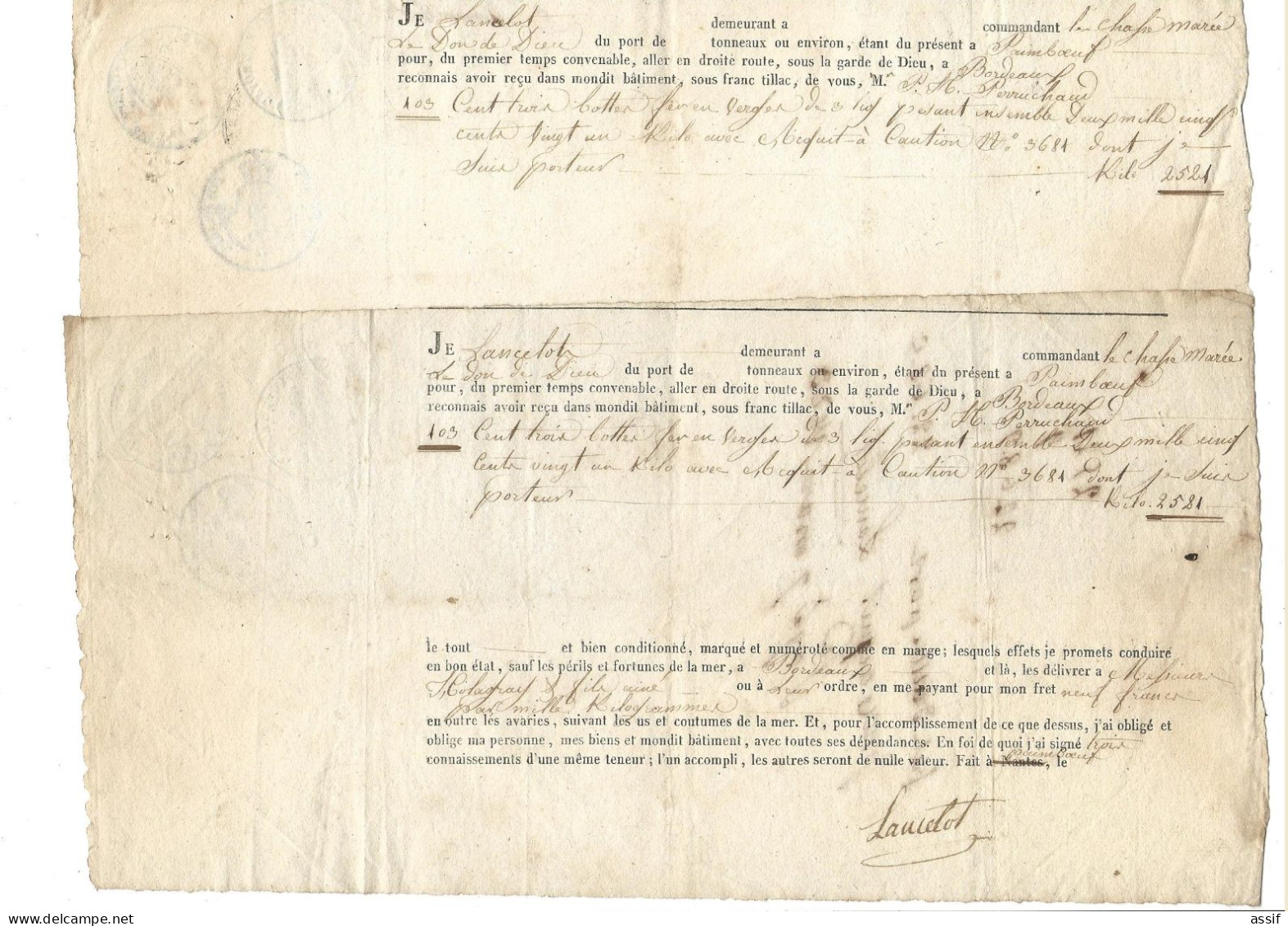 2 Lettres De Voiture  1823  Transport De Paimbeuf à Bordeaux   Par Le Chasse Marée " Le Don De Dieu "  ( Cap. Lancelot ) - Sonstige & Ohne Zuordnung