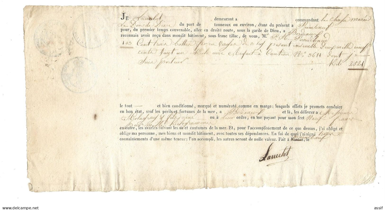 2 Lettres De Voiture  1823  Transport De Paimbeuf à Bordeaux   Par Le Chasse Marée " Le Don De Dieu "  ( Cap. Lancelot ) - Otros & Sin Clasificación