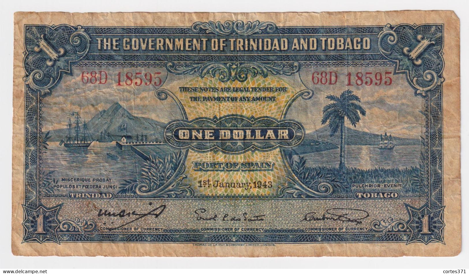 Trinidad & Tobago 1 Dollar 1943 P-5c VF - Trinidad & Tobago