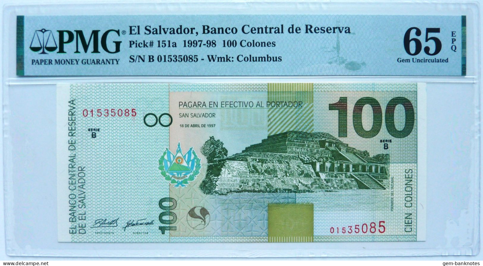 El Salvador 100 Colones 1997 P151a Graded 65 EPQ Gem Uncirculated By PMG - Salvador