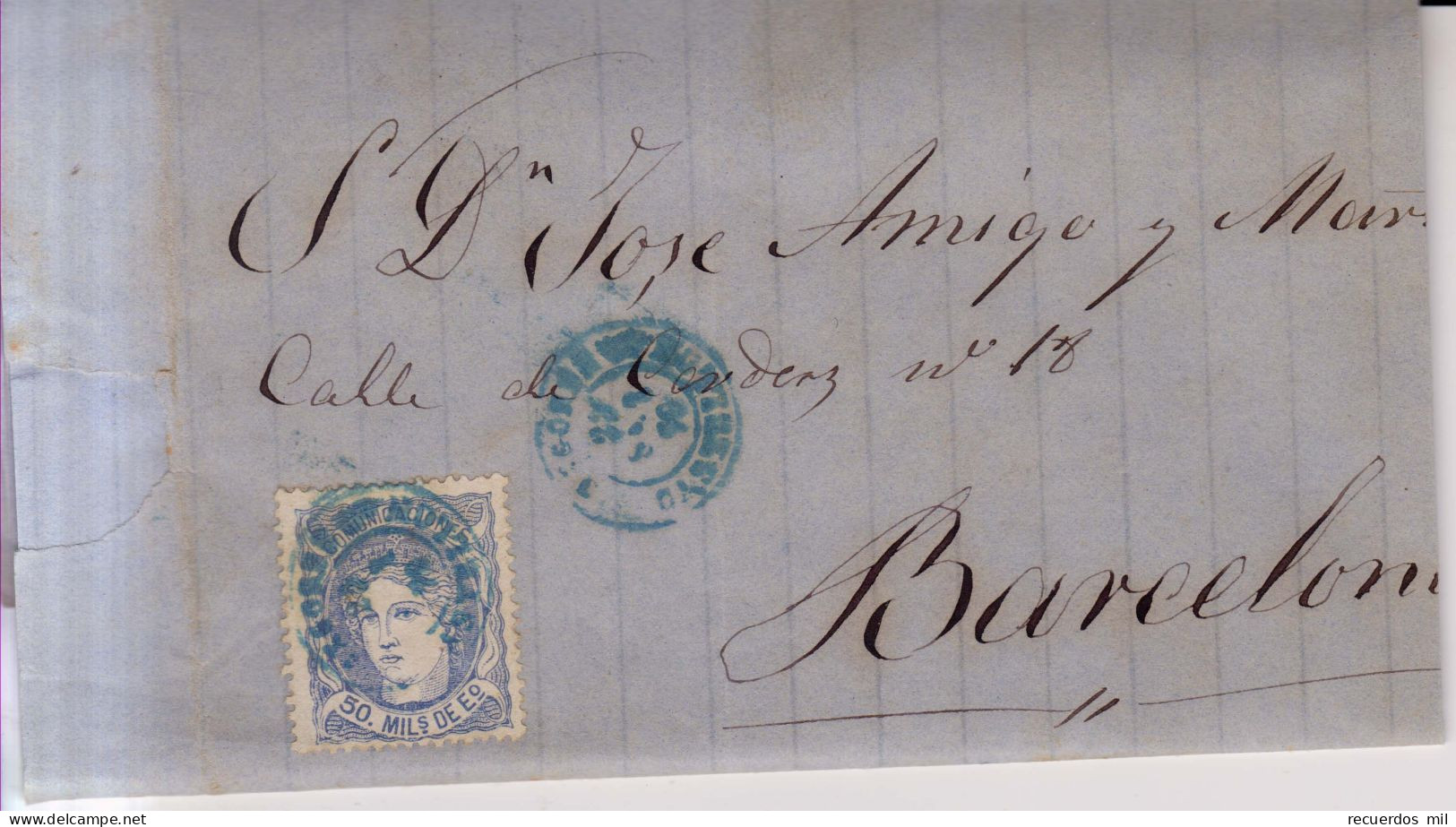 Año 1870 Edifil 107 Alegoria Carta Matasellos Azul Segorbe Castellon Pablo Arano - Cartas & Documentos