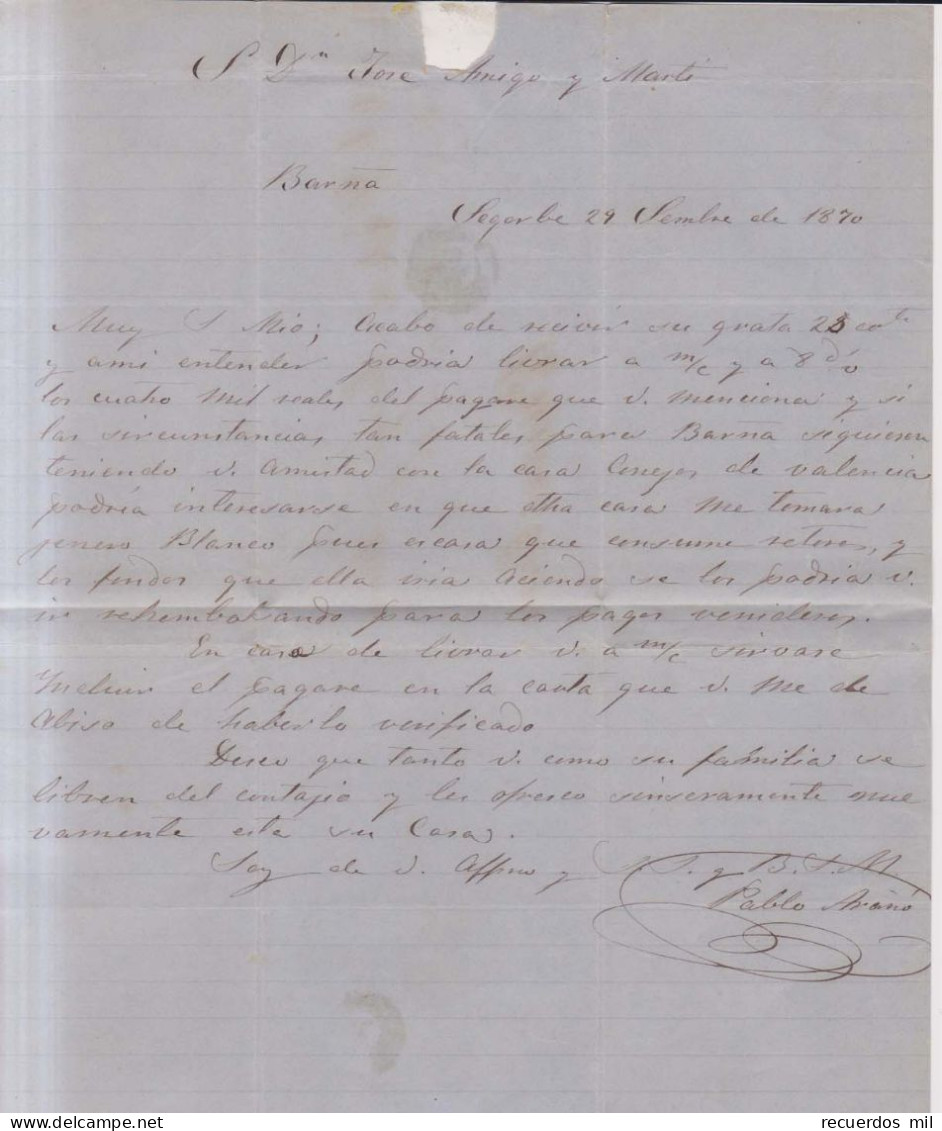 Año 1870 Edifil 107 Alegoria Carta Matasellos Azul Segorbe Castellon Pablo Arano - Covers & Documents