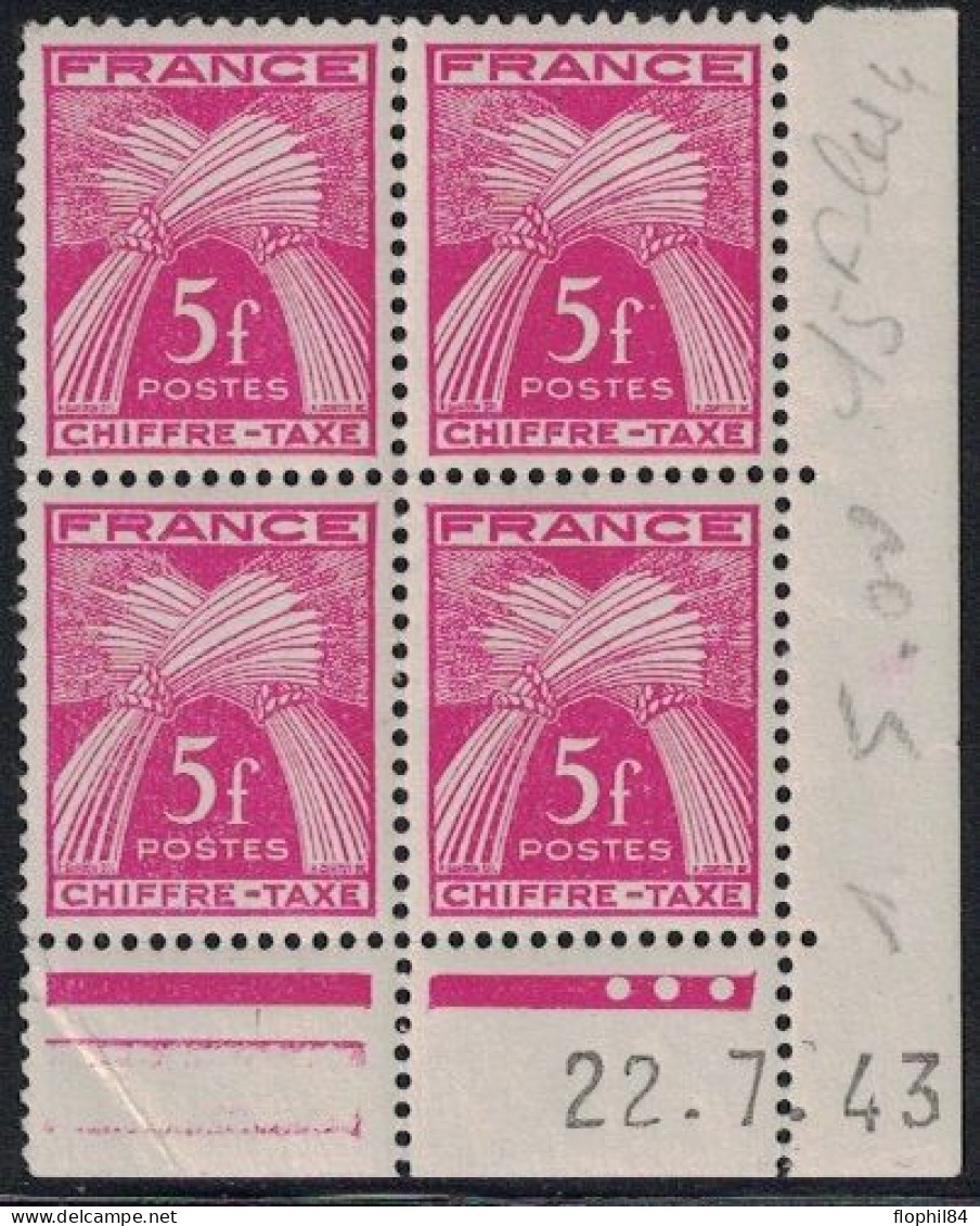 TAXE - N°75- BLOC DE 4 - COIN DATE -  22-7-1943 - COTE 3€50 - PLI BAS GAUCHE QUI NE TOUCHE PAS LES TIMBRES. - Postage Due