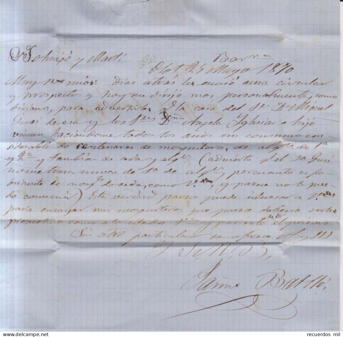 Año 1870 Edifil 107 Alegoria Carta Matasellos Olot Gerona Jaime Batllo - Storia Postale
