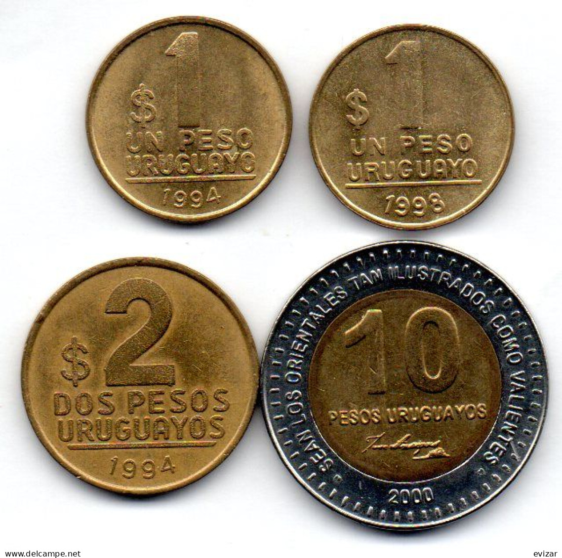 URUGUAY, Set Of Four Coins 1, 1, 2, 10 Pesos, Brass, Bimetallic, Year 1994-2000, KM # 103.1, 103.2, 104, 121 - Uruguay