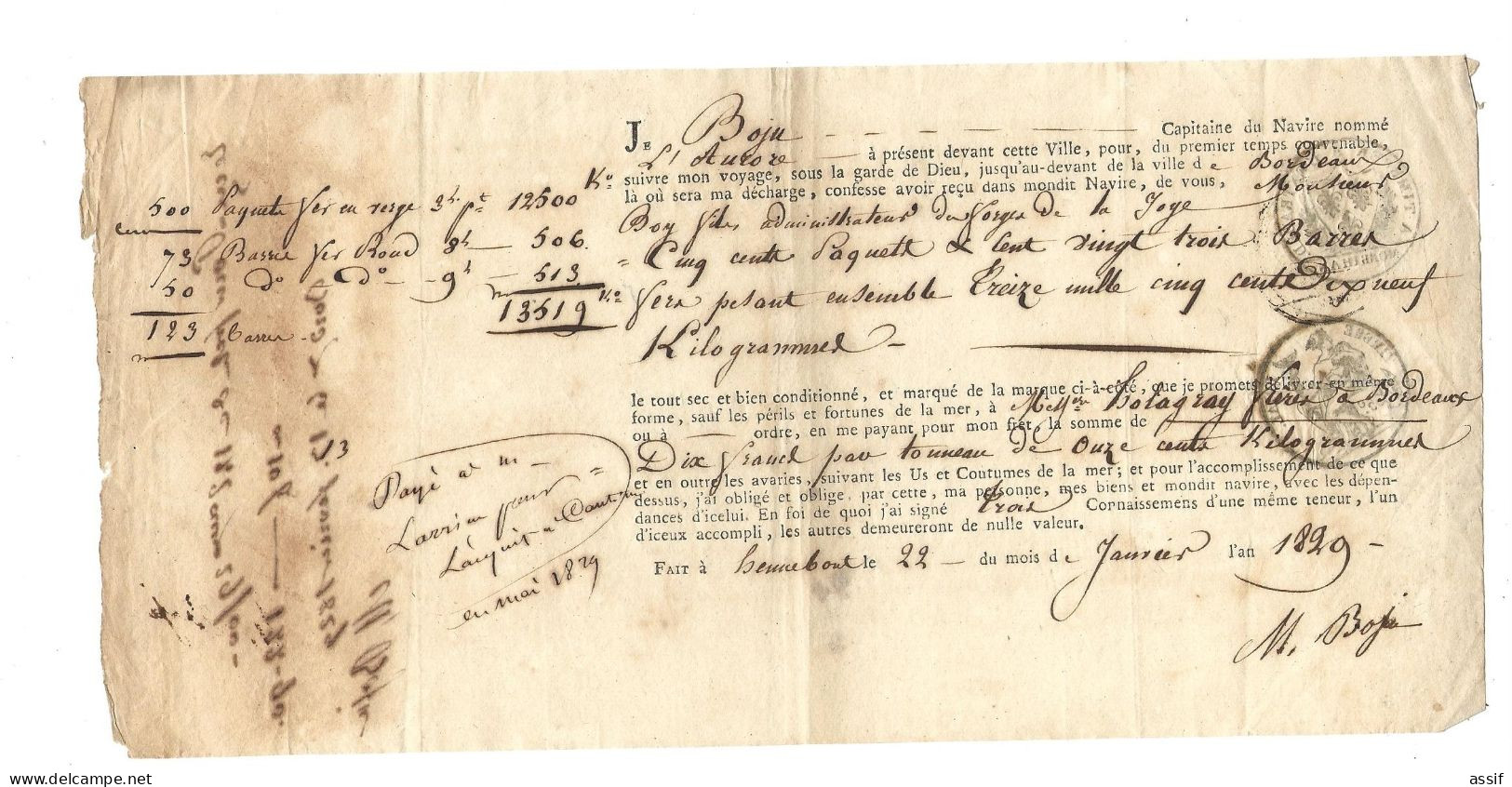 Lettre De Voiture  1829  Transport De Hennebont à Bordeaux   Par " L'Aurore "  ( Cap. Boju ) Fer Des Forges De La Joye - Altri & Non Classificati