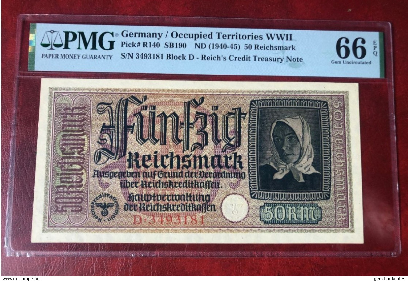 Germany/Occupied Territories 50 Reichsmark 1940-45 P-R140 Graded 66 EPQ Gem Uncirculated By PMG - 50 Reichsmark