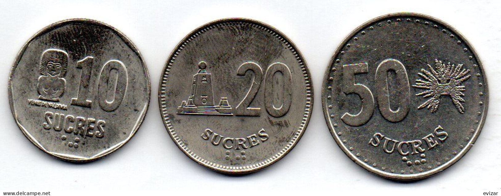 ECUADOR, Set Of Three Coins 10, 20, 50 Sucres, Nickel, Year 1991, KM # 92.2, 94.2, 93 - Equateur