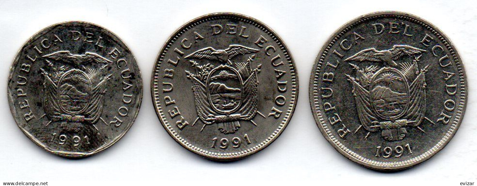 ECUADOR, Set Of Three Coins 10, 20, 50 Sucres, Nickel, Year 1991, KM # 92.2, 94.2, 93 - Ecuador