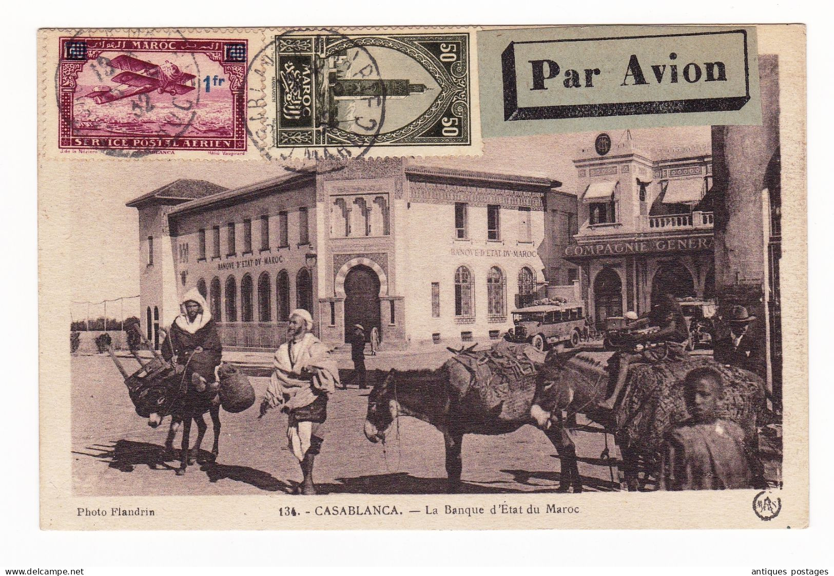 Carte Postale Maroc 1932 Casablanca Banque Morocco Peyriac Minervois Aude Poste Aérienne #32 Surcharge 1F - Luchtpost