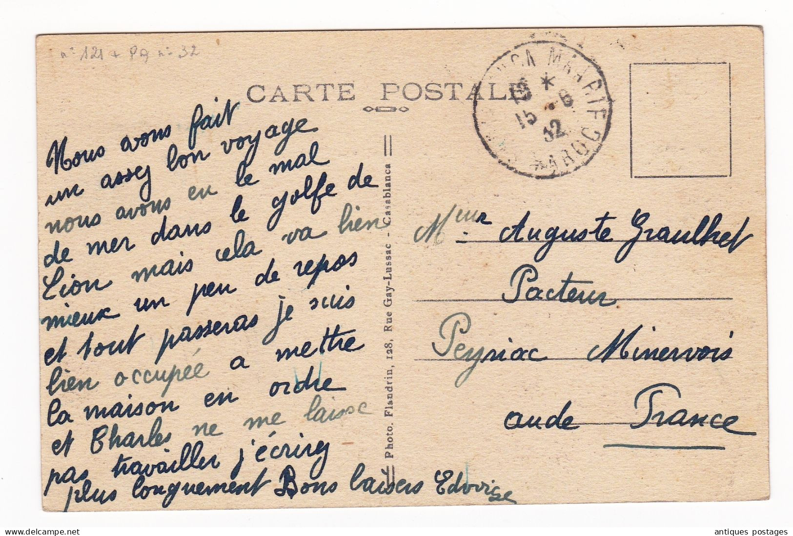 Carte Postale Maroc 1932 Casablanca Banque Morocco Peyriac Minervois Aude Poste Aérienne #32 Surcharge 1F - Airmail