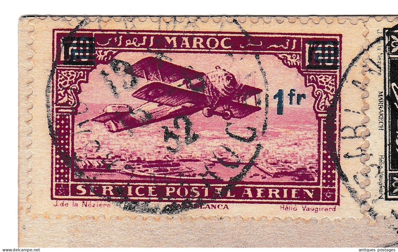 Carte Postale Maroc 1932 Casablanca Banque Morroco Peyriac Minervois Aude Poste Aérienne #32 Surcharge 1F - Aéreo