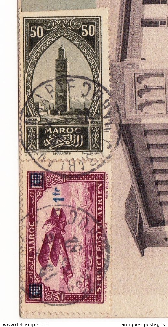 Carte Postale Maroc 1932 Casablanca Banque Morroco Peyriac Minervois Aude Poste Aérienne #32 surcharge 1F
