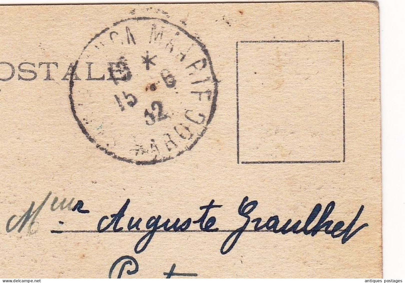 Carte Postale Maroc 1932 Casablanca Banque Morocco Peyriac Minervois Aude Poste Aérienne #32 surcharge 1F