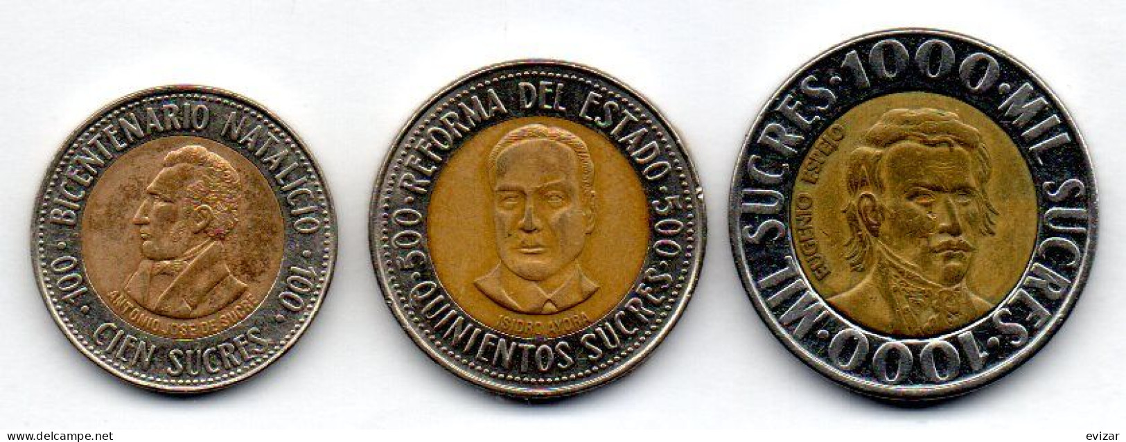 ECUADOR, Set Of Three Coins 100, 500, 1.000 Sucres, Bimetallic, Year 1995-96, KM # 96, 97, 99 - Equateur