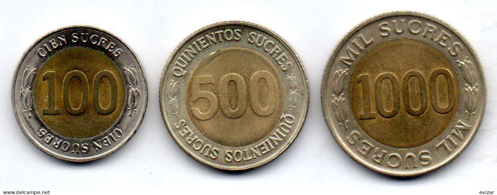 ECUADOR, Set Of Three Coins 100, 500, 1.000 Sucres, Bimetallic, Year 1997, KM # 101, 102, 103 - Equateur