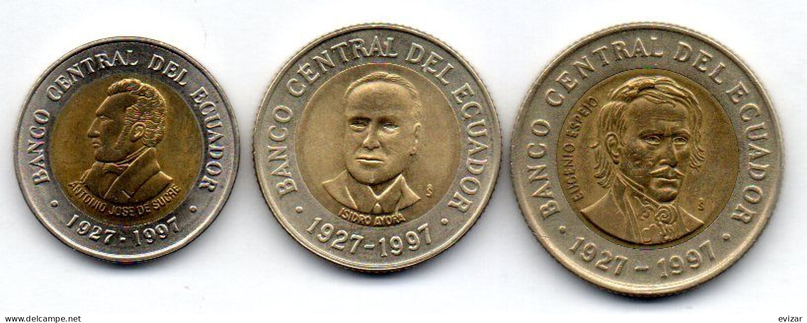 ECUADOR, Set Of Three Coins 100, 500, 1.000 Sucres, Bimetallic, Year 1997, KM # 101, 102, 103 - Equateur