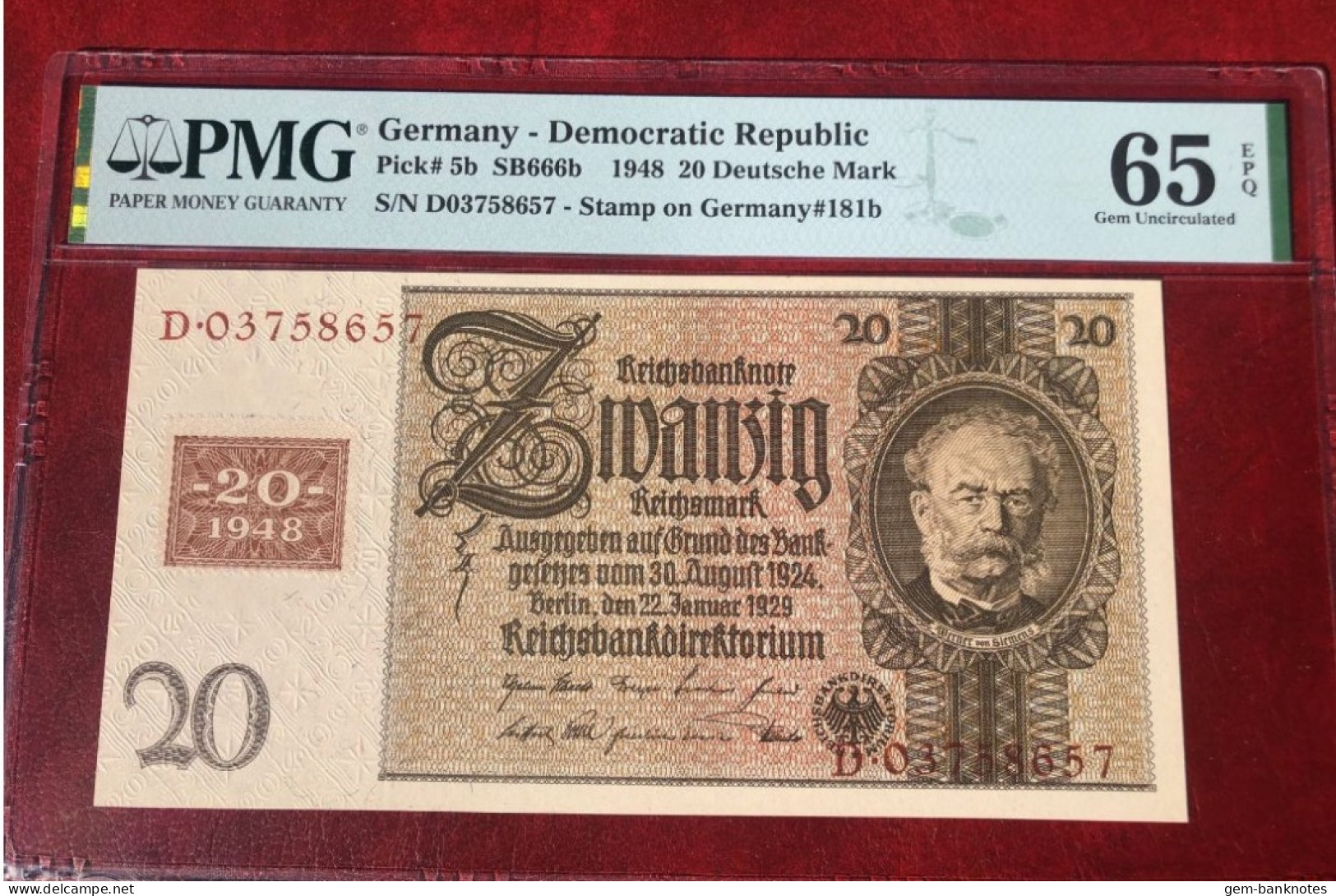 Germany Democratic Republic 20 Deutsche Mark 1948 Stamp Graded 65 EPQ Gem Uncirculated By PMG - 20 Deutsche Mark