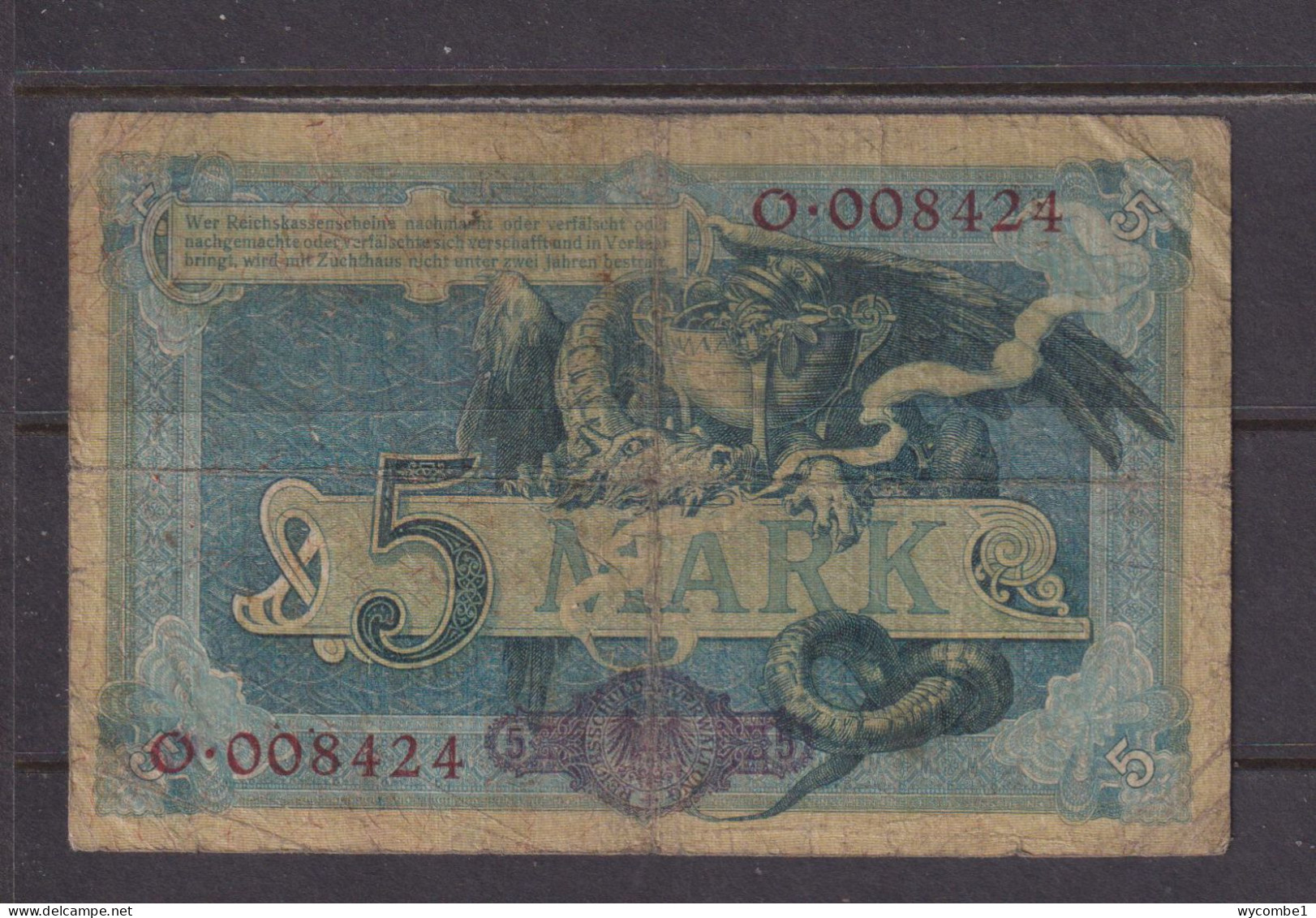 GERMANY - 1904 5 Mark Circulated Banknote As Scans - 5 Mark