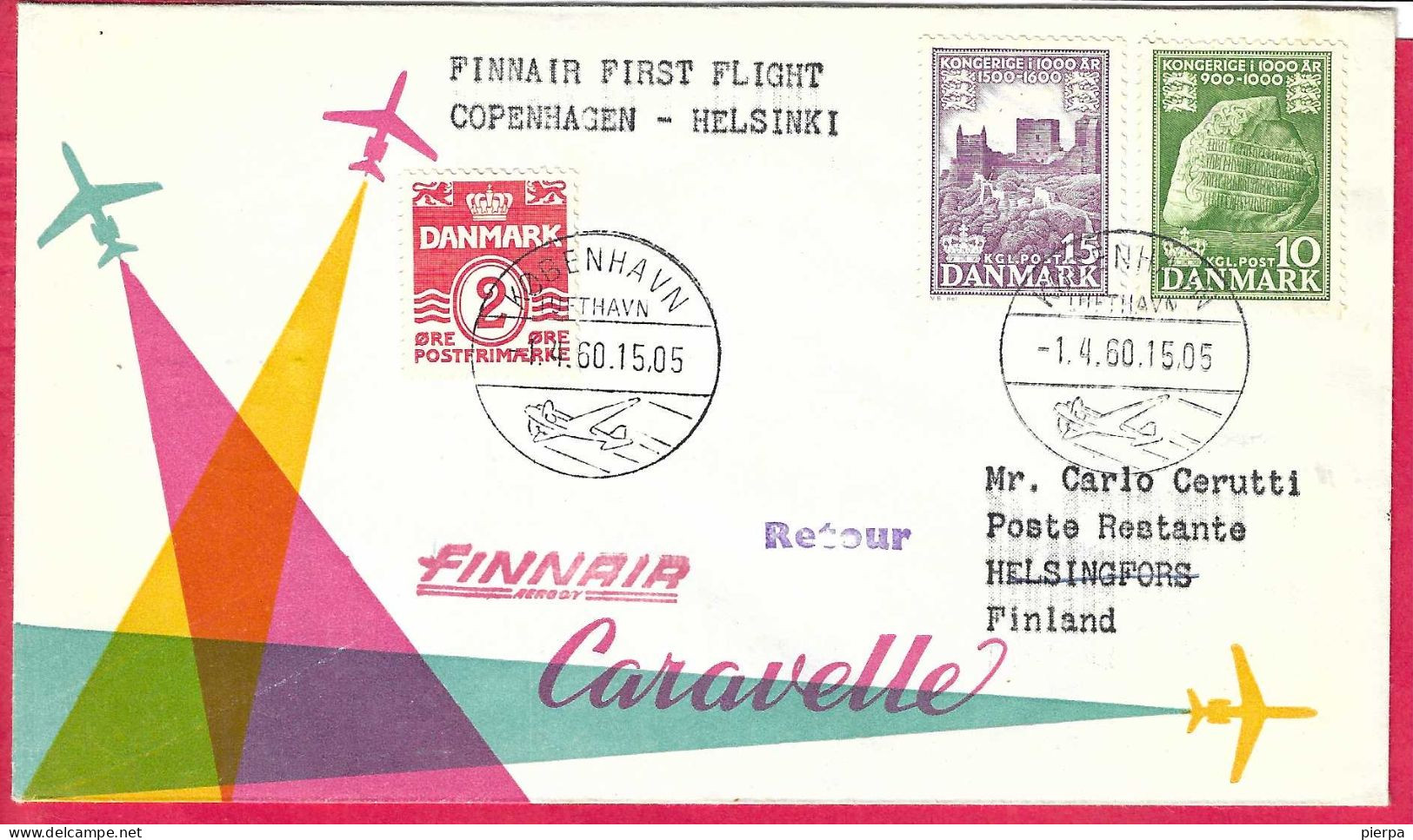 DANMARK - FIRST CARAVELLE FLIGHT - FINNAIR - FROM KOBENHAVN TO HELSINKY *1.4.60* ON OFFICIAL COVER - Posta Aerea