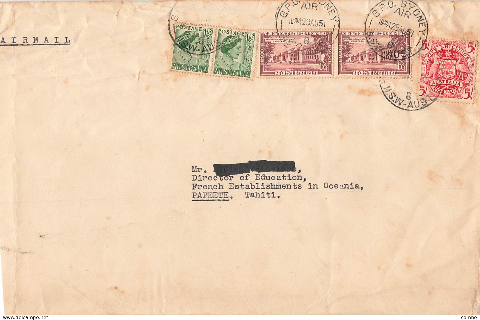 AUSTRALIA. COVER VIA AIR MAIL. 1951. 5 Sh. SYDNEY TO PAPEETE. TAHITI - Brieven En Documenten