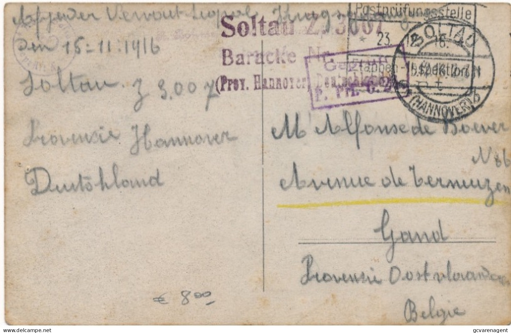 1916  SOLTAU   VERVAET LEOPOLD NAAR A.DE BOEVER  GAND     2 SCANS - Prisoners