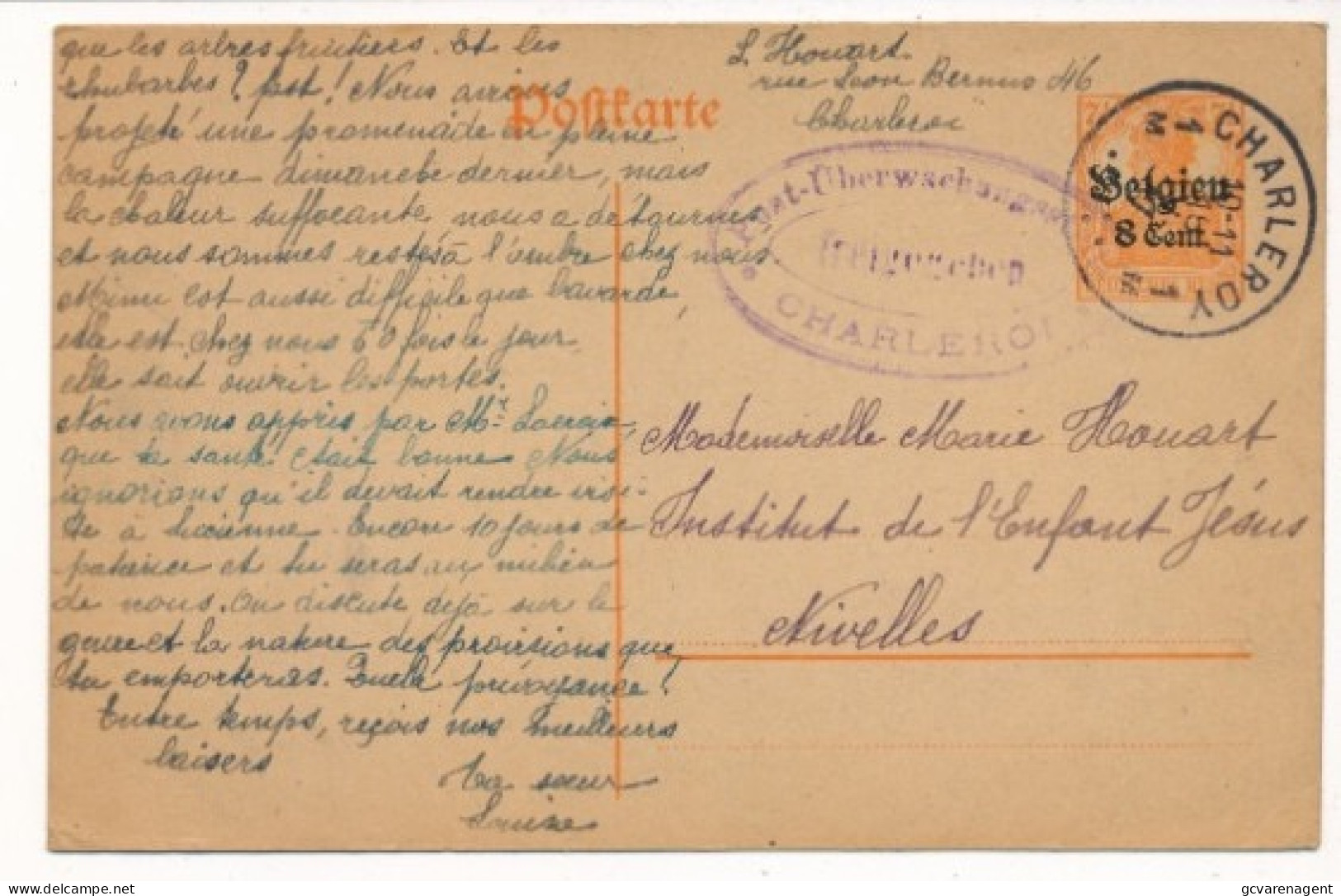 1917 CP  CACHET CHARLEROY  ÜBERWACHUNGSTELLE CHARLEROI FREIGEGEBEN       2 SCANS - Kriegsgefangenschaft