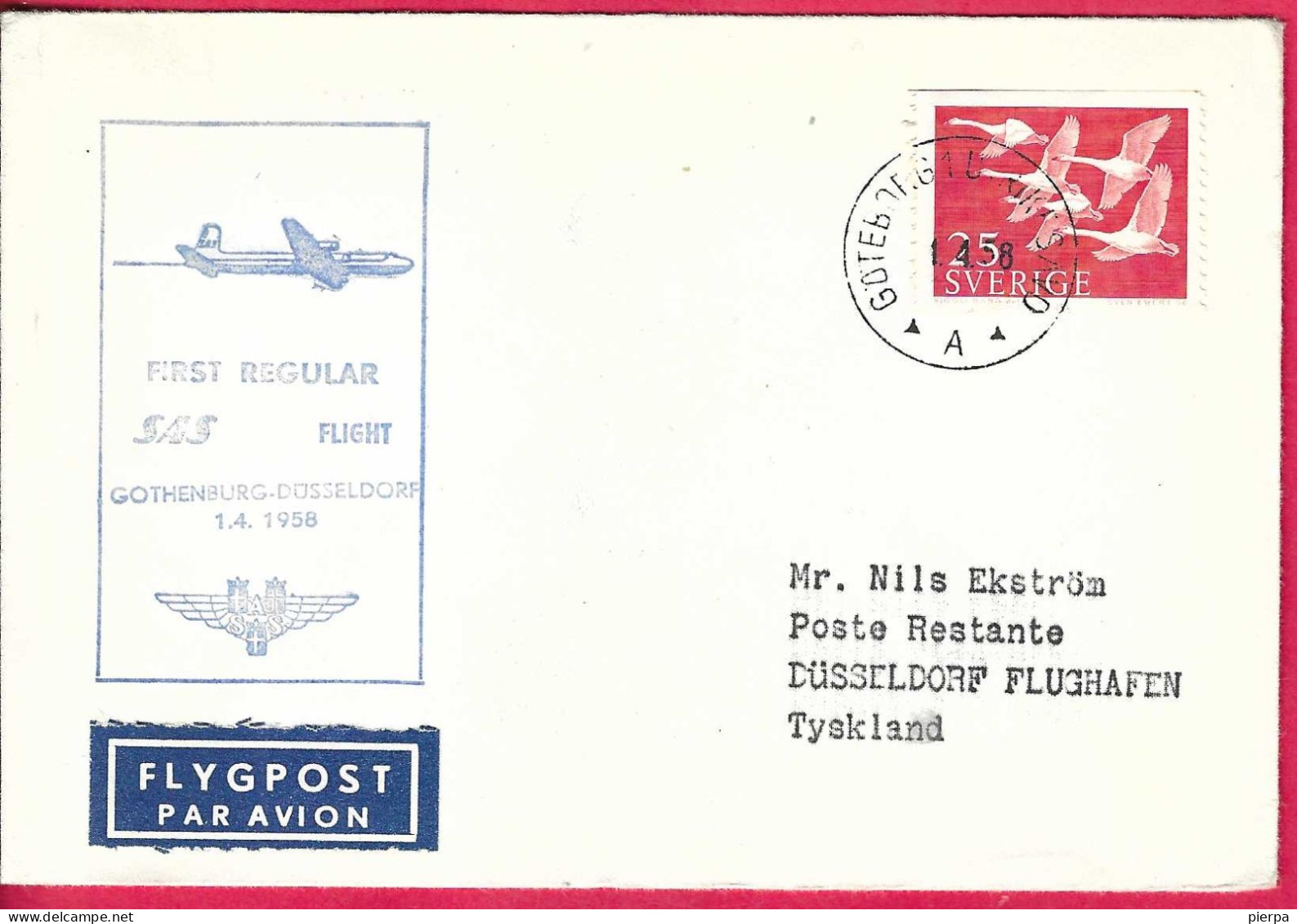 SVERIGE - FIRST REGULAR FLIGHT SAS  FROM GOTHENBURH TO DUSSELDORF *1.4.58* ON OFFICIAL COVER - Lettres & Documents