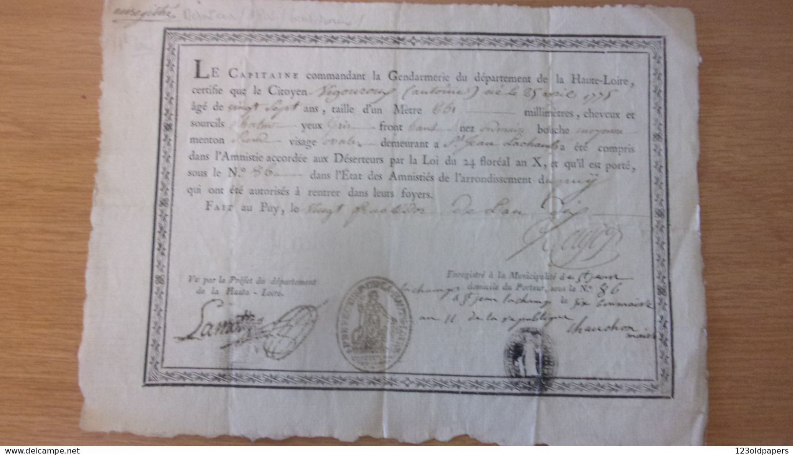 (1802) : " GENDARMERIE - AMNISTIE D'UN DESERTEUR  20 FRUCTIDOR An 10 VIGOUROUX SAINT JEAN LACHALM HAUTE LOIRE - Documents Historiques