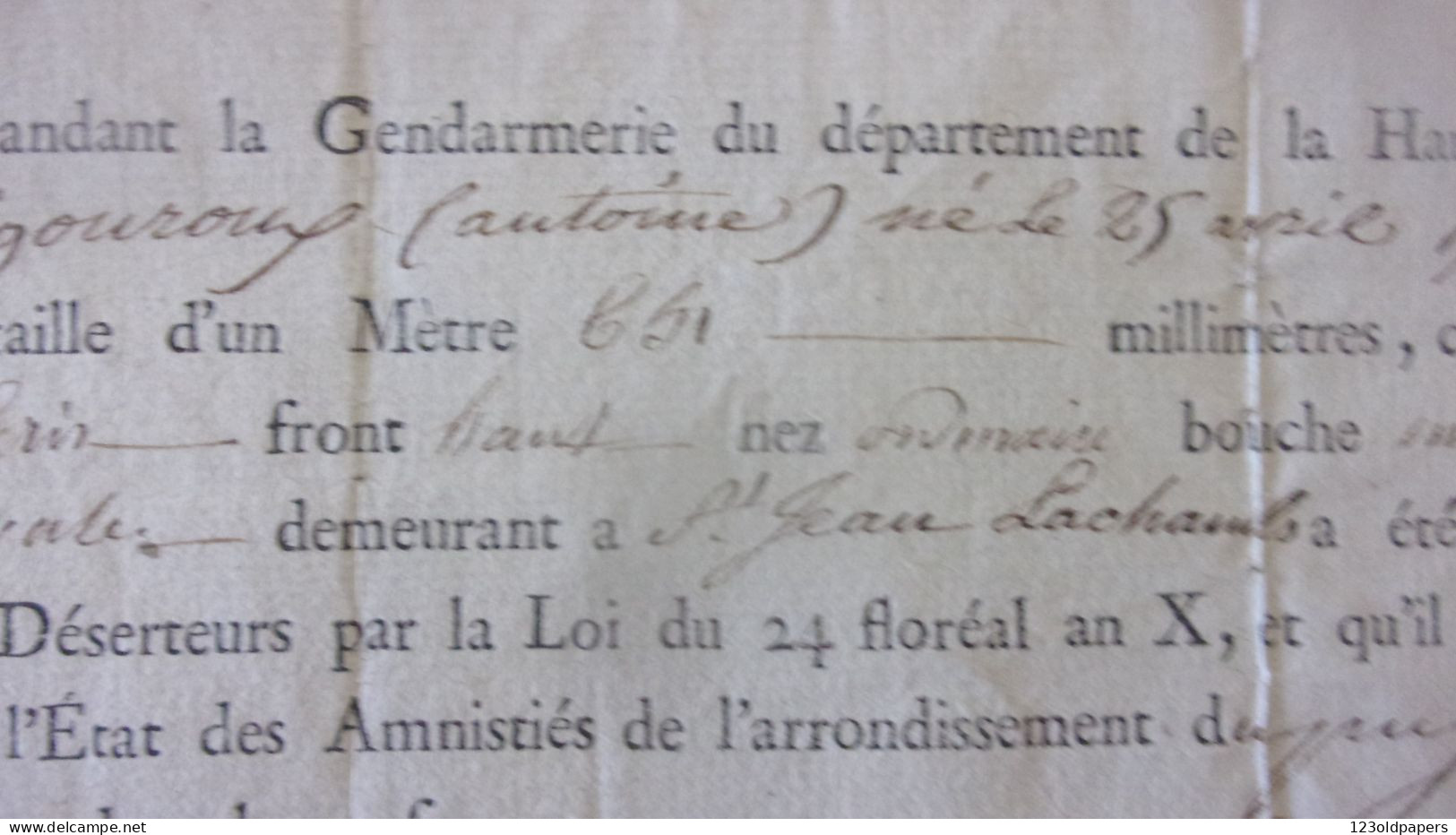 (1802) : " GENDARMERIE - AMNISTIE D'UN DESERTEUR  20 FRUCTIDOR An 10 VIGOUROUX SAINT JEAN LACHALM HAUTE LOIRE - Documents Historiques