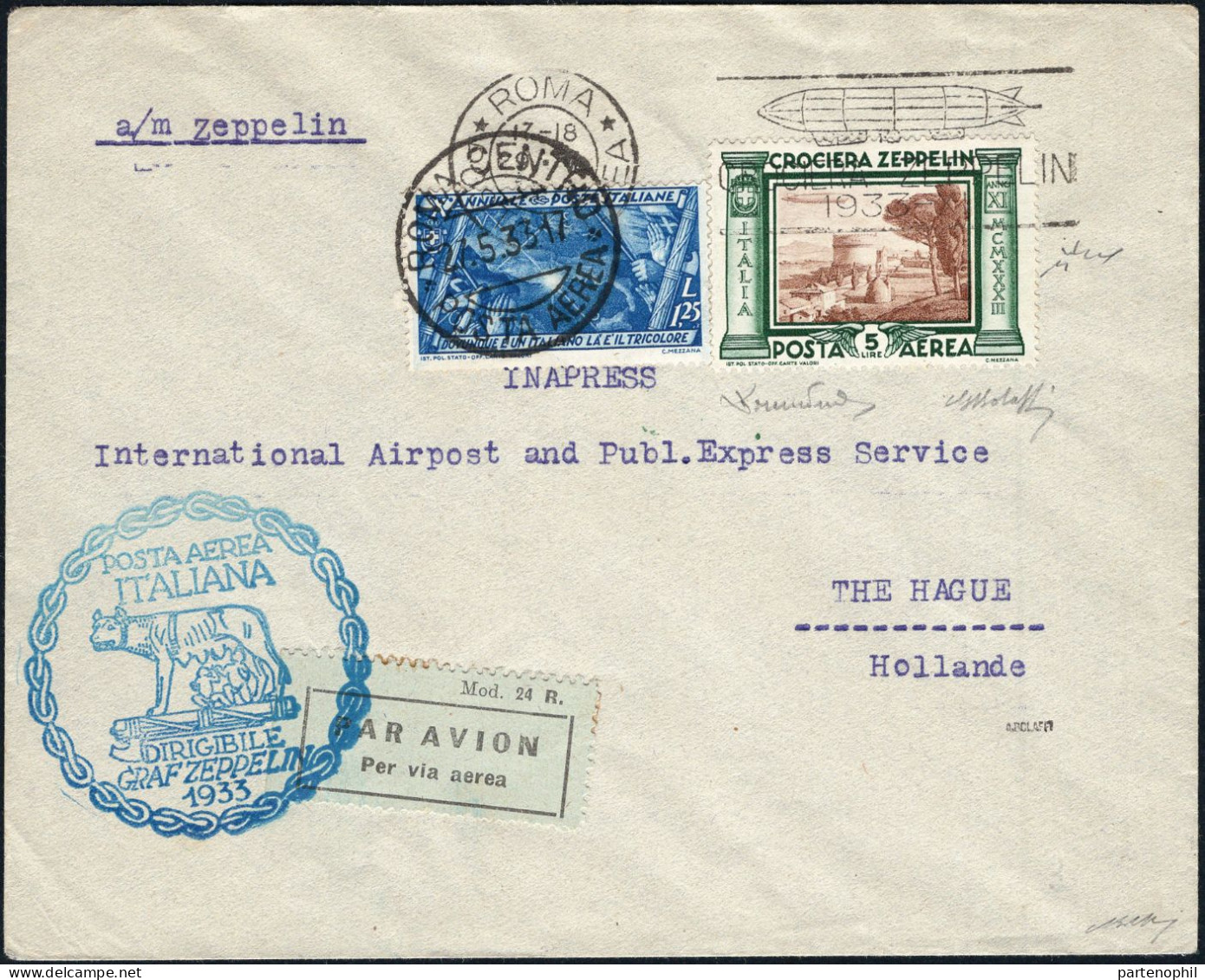 Lotto 84 29/5/1933 - Lettera Da Roma Per L’Aia (Olanda) Affrancata Con Zeppelin 5 £ Annullato Con Timbro Meccanico “Roma - Marcophilie (Zeppelin)