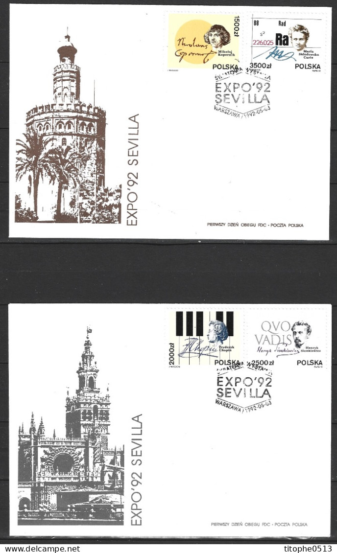 POLOGNE. N°3174-7 De 1992 Sur 2 Enveloppes 1er Jour. Expo'92/Chopin/Curie/Copernic. - 1992 – Séville (Espagne)